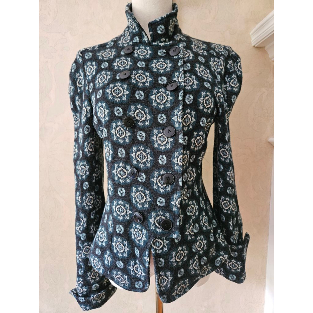 Diane von Furstenberg Navy Blue Paisley Button Sweater Coat-Size 12 Black